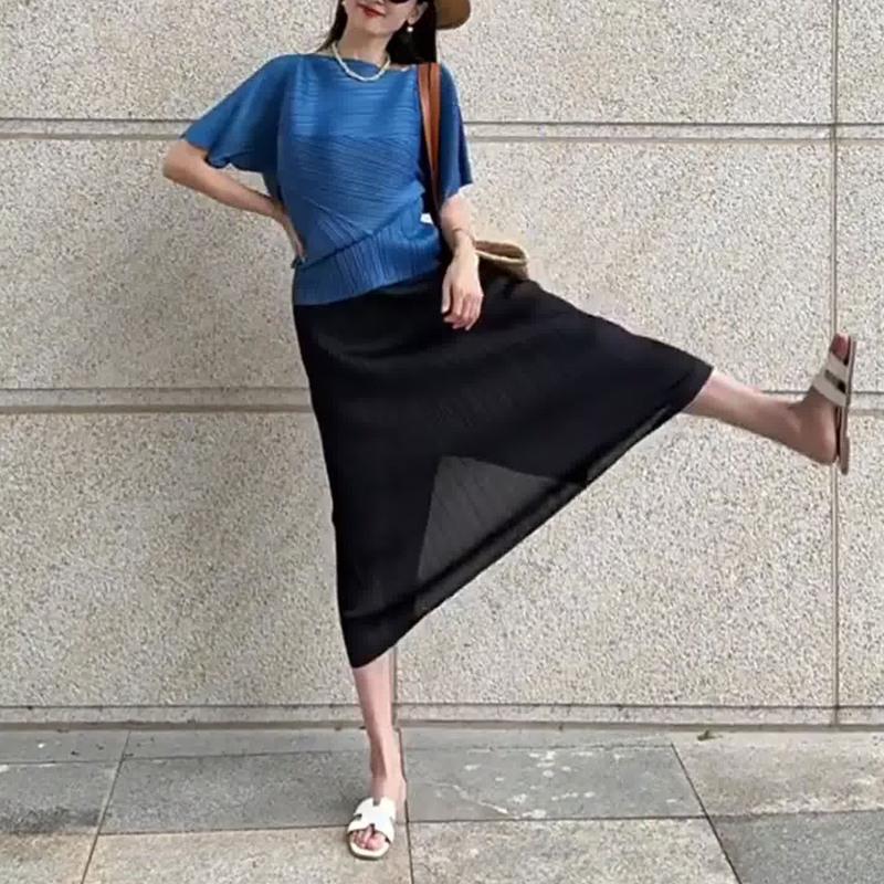 Korean Solid Color Simple Outfit Set by Miyake: Summer Short-Sleeve Blue Top and Black Pleated Skirt Set