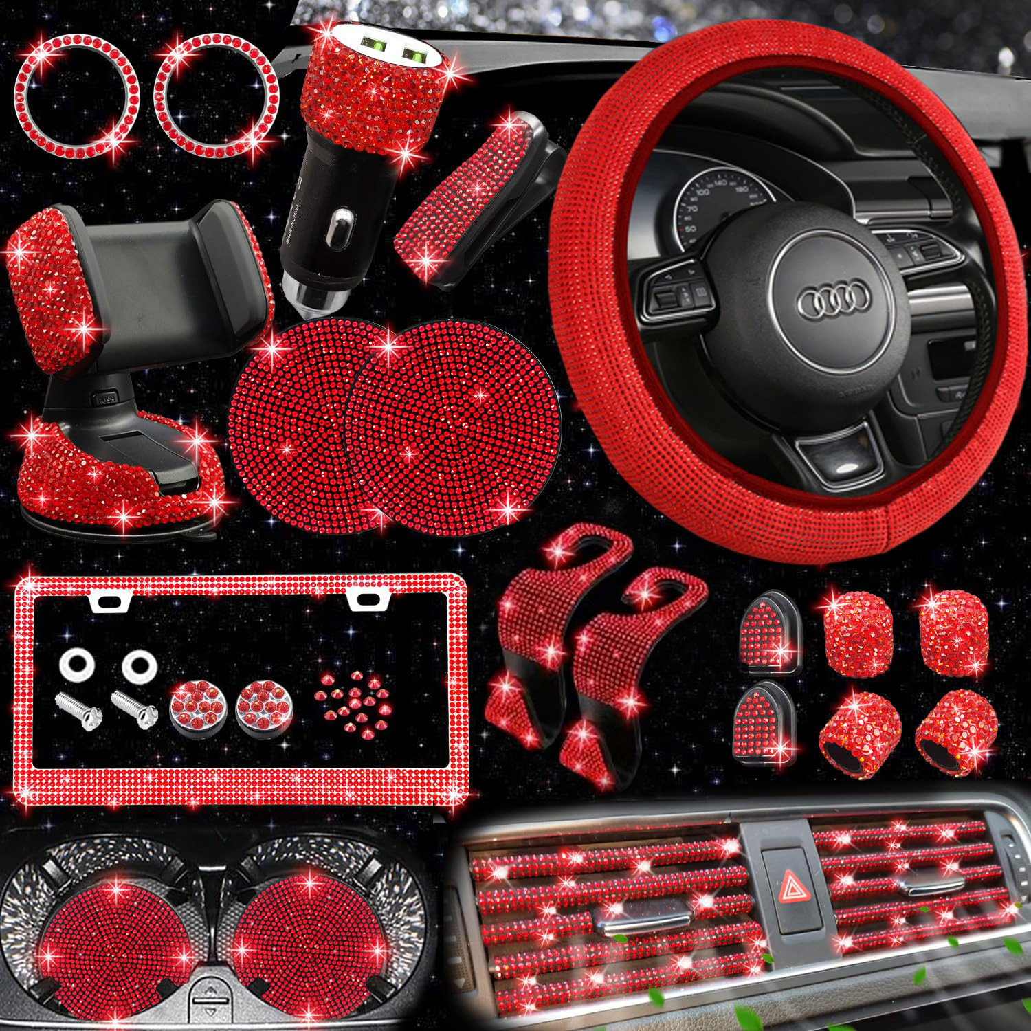 Car Steering Wheel Cover for All Seasons, Anti-Slip Diamond Combination, Multi-Piece Set, Mobile Phone Holder, Steering Wheel Protective Cover