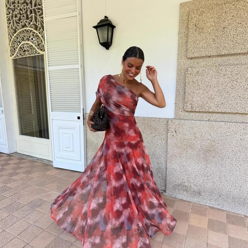 European and American Cross-Border Amazon Foreign Trade 25 New Summer Printed Pleated Holiday Style Slimming Look Large Hem Dress