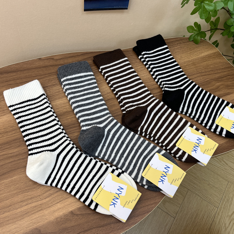 Thin Cashmere Autumn and Winter New Style Seamless Korean Version Soft Striped Versatile Color Socks for Women Mid-Calf Length Popular on Xiaohongshu