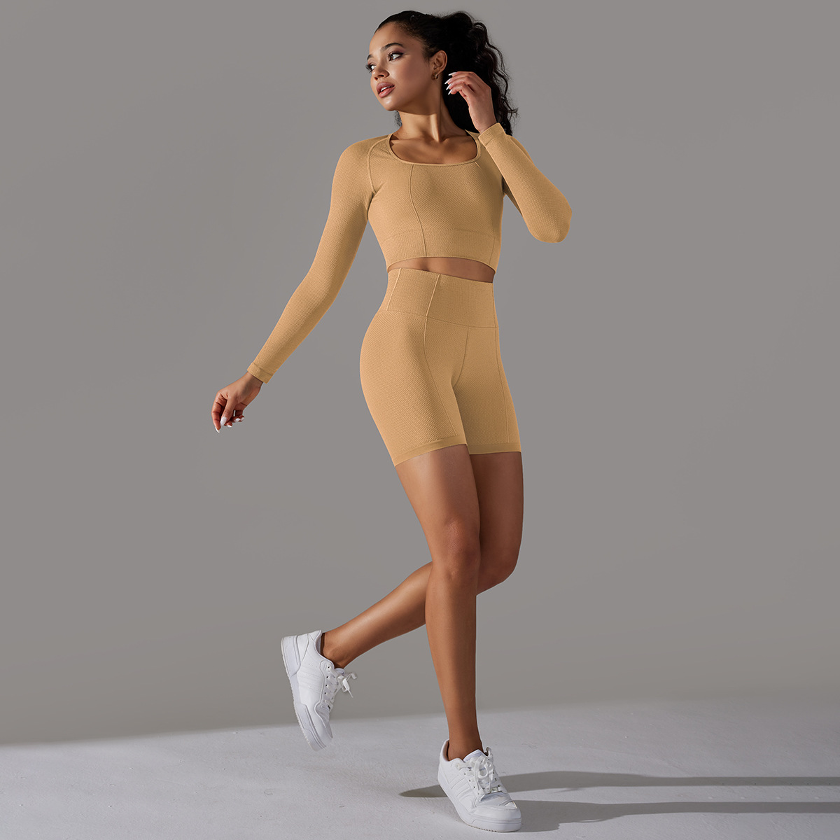 Transfronterizo europeo y americano de punto sin costuras de color sólido Polka Dot alto elástico apretado transpirable ropa de yoga traje de correr fitness traje de dos piezas