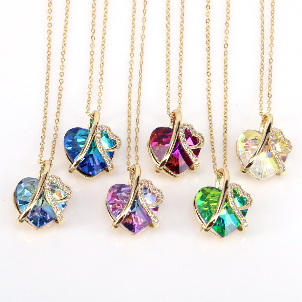 Fashion Heart Shape Copper Pendant Necklace Inlay Zircon Copper Necklaces