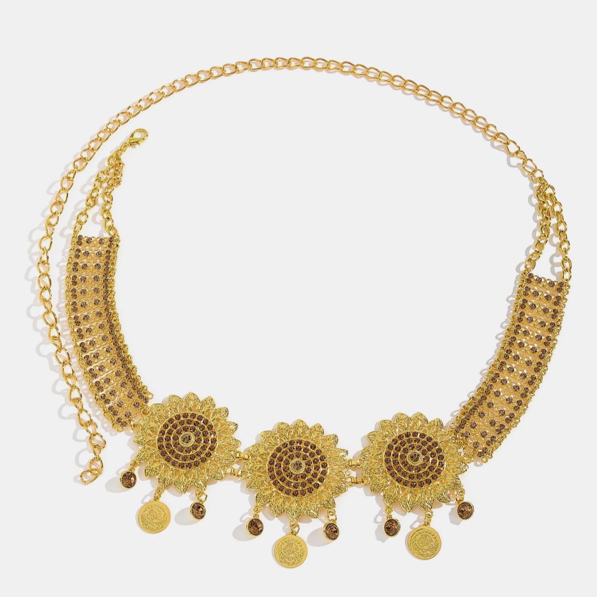 Europäische und amerikanische Duschkette mit durchbrochenem Diamantmuster und Nieten für Damen, Taillenaccessoire mit Metallmünzenquaste_voghion.com