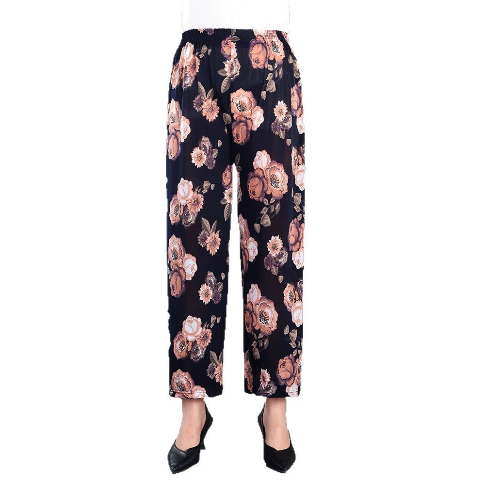 Summer light and thin breathable silk trousers for mother, loose straight fit
