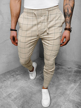 跨境新款男士修身休闲裤方格印花时尚长裤