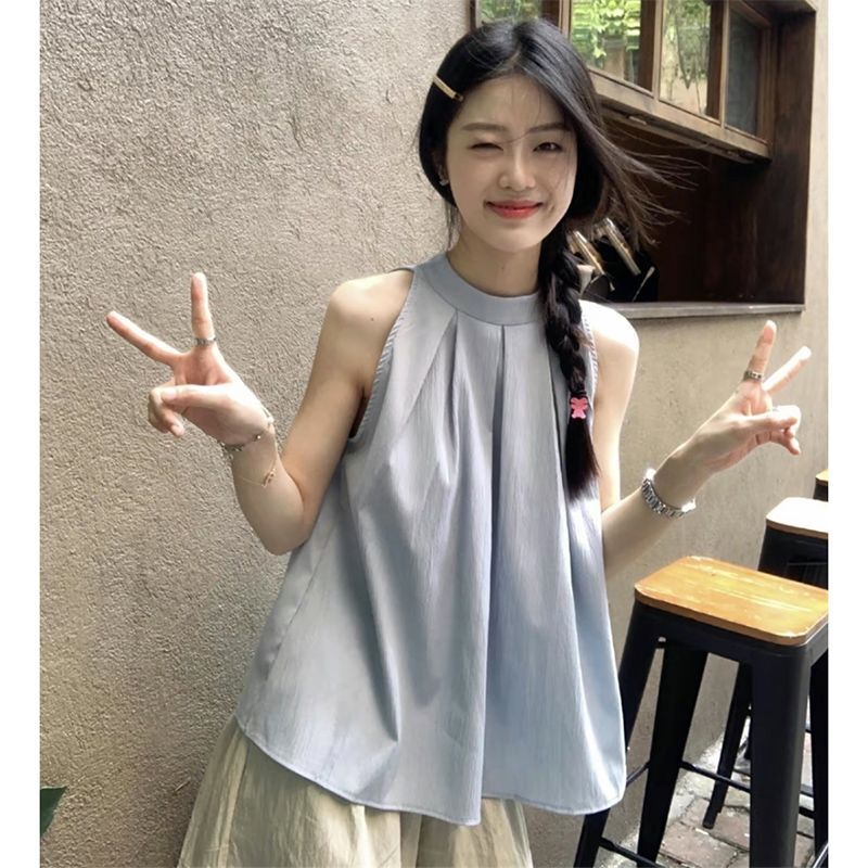 Korean-Style Sleeveless Halter Neck Shirt for Women, Summer Pleated Loose Short Babydoll Shirt, Unique Cool Style Beautiful Top for Women
