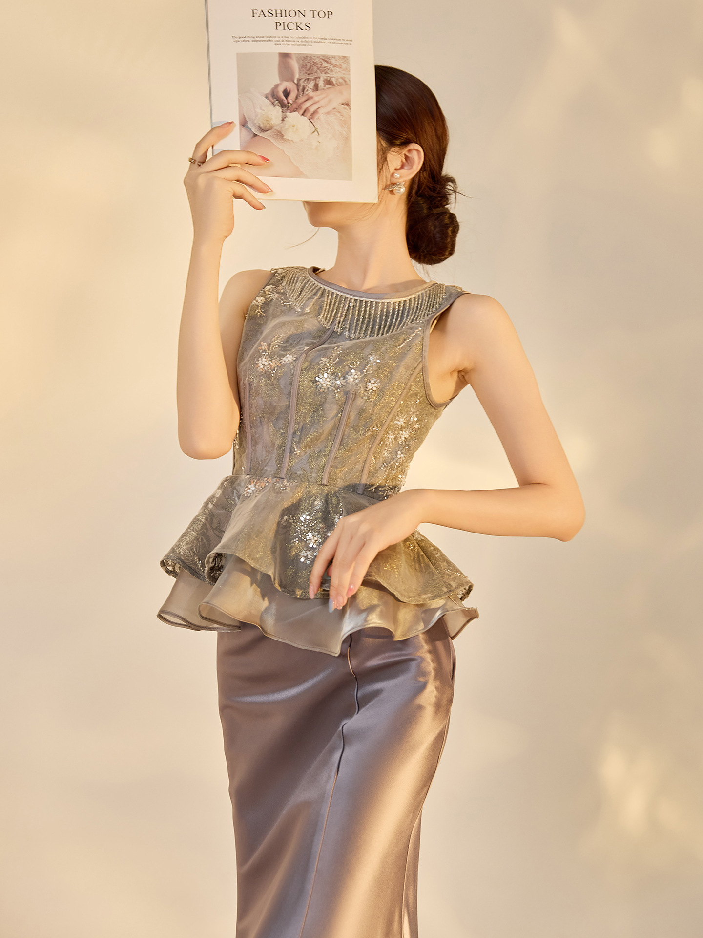 Set áo khoác jacquard thêu kim tuyến và chân váy phong cách Trung Hoa mới mùa hè — Màu xám nửa váy, Trang chủ