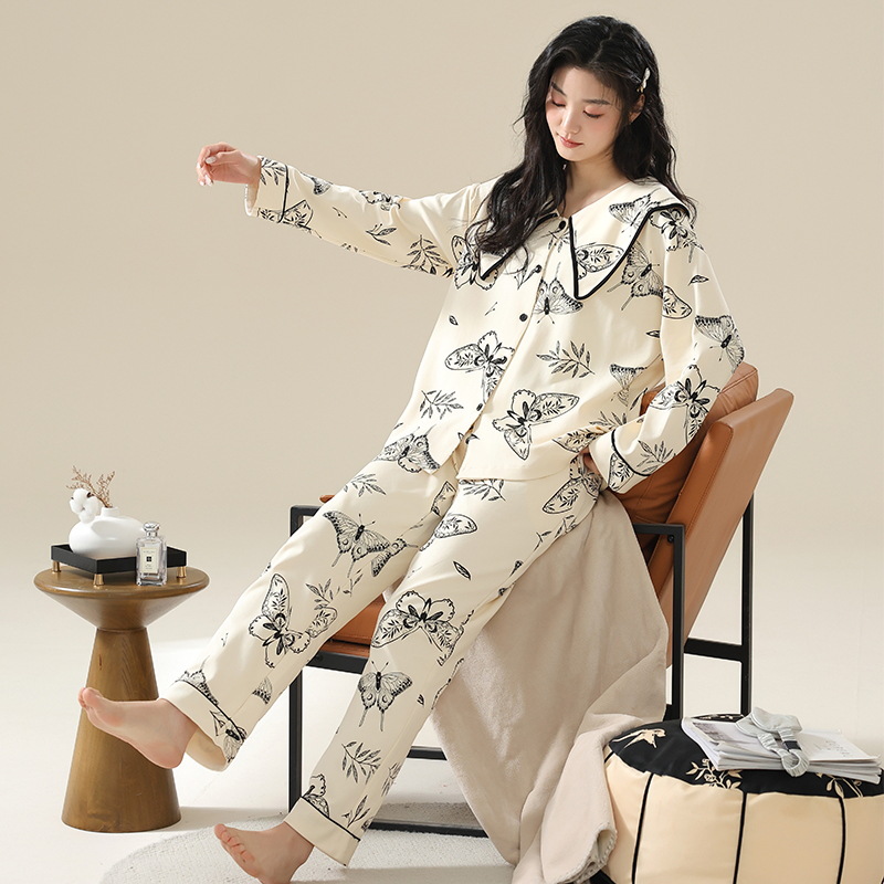 잠옷 여성의 봄과 가을 면화 긴팔 바지 카디건 하이 엔드 학생 패션 게으른 코튼 홈 의류 세트