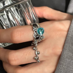 藍鑽鋯石戒指女小眾高級感復古戒指時尚個性簡約百搭輕奢風食指戒