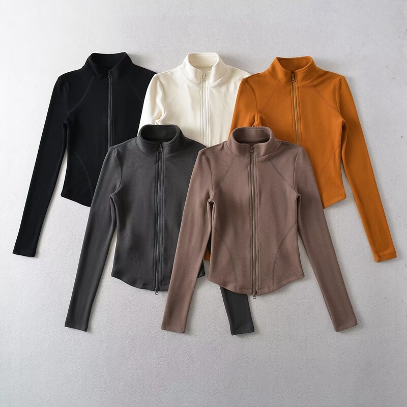 Australian velvet zipper stand collar long-sleeved T-shirt women's 2024 spring slim bottoming shirt slim slimming yoga sports top