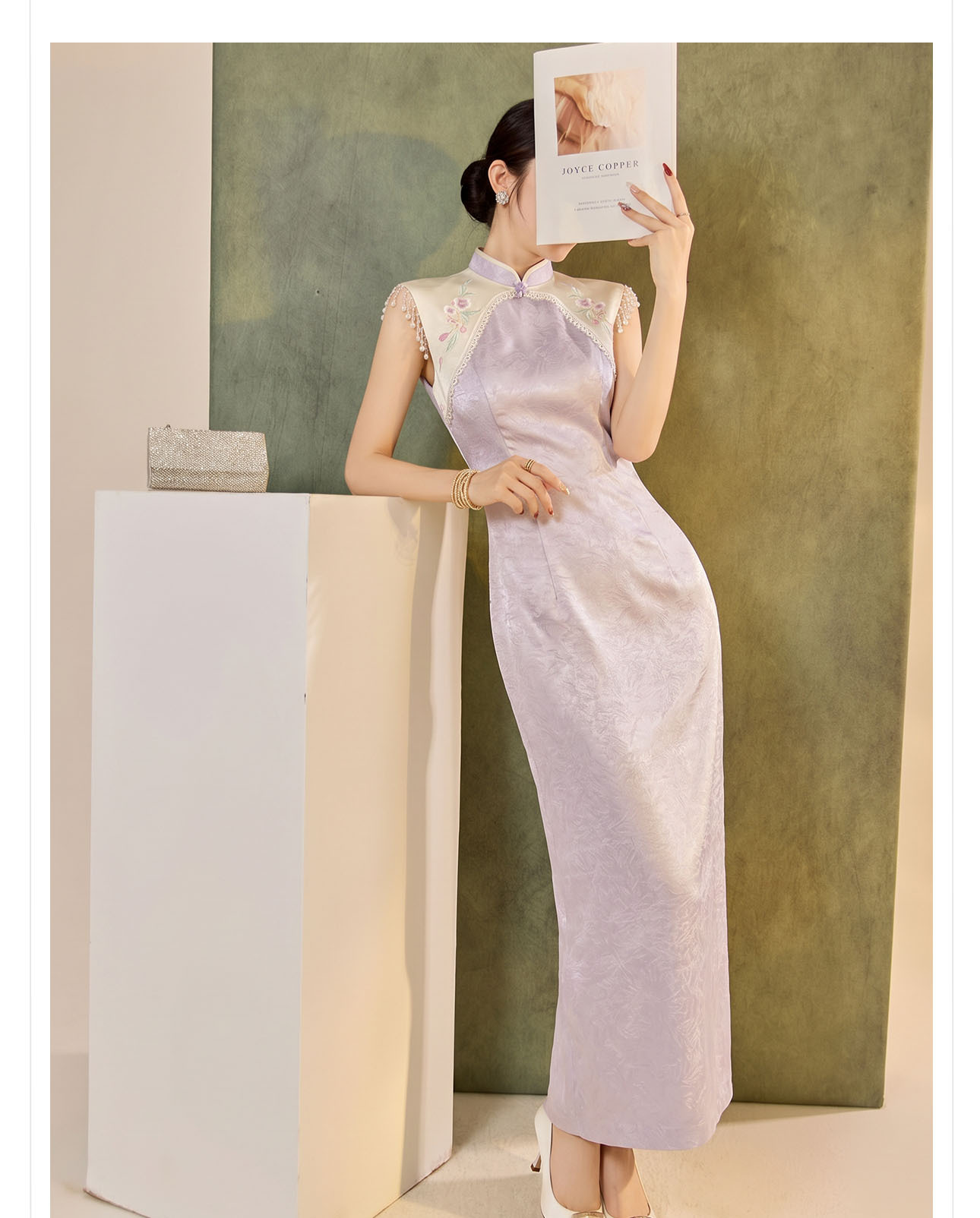 Đầm maxi satin sọc tông màu nối tay tua, cổ chẻ — Khoai tây tím chi tiết 7