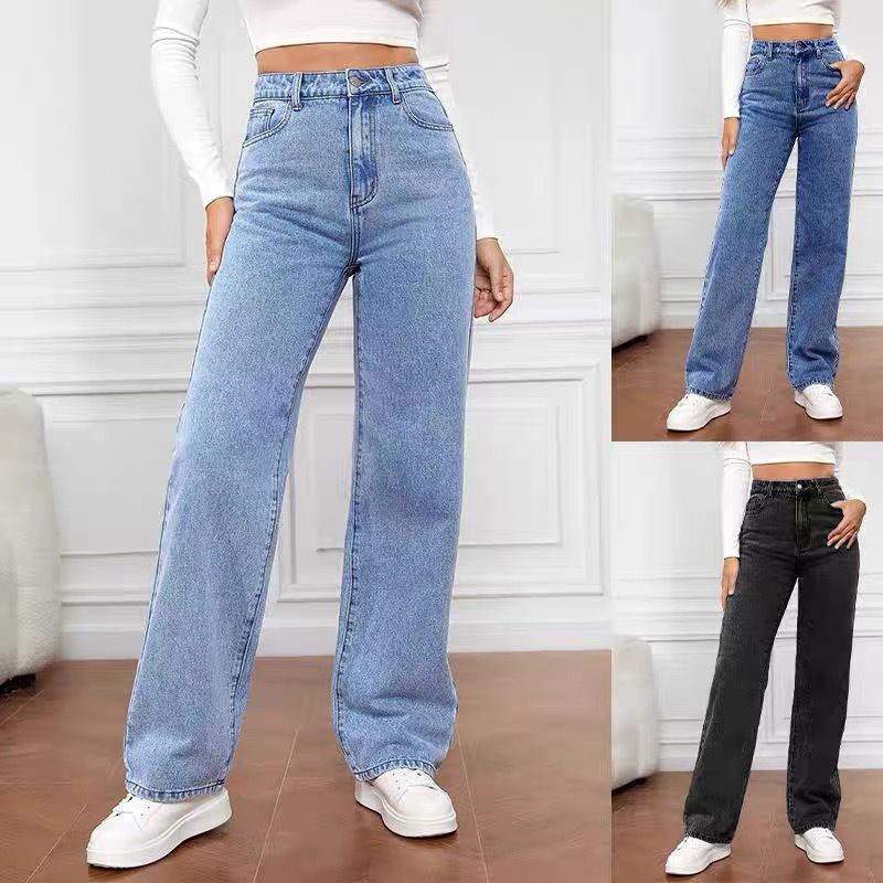 Cross-Border Foreign Trade Amazon European and American High-Waisted Women's Jeans Light-Colored Washed Loose Wide-Leg Large Size Straight Pants
