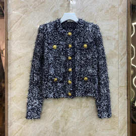 26春季新款高经感复古黑白纱线粗花呢长袖金扣气质针织衫外套开衫