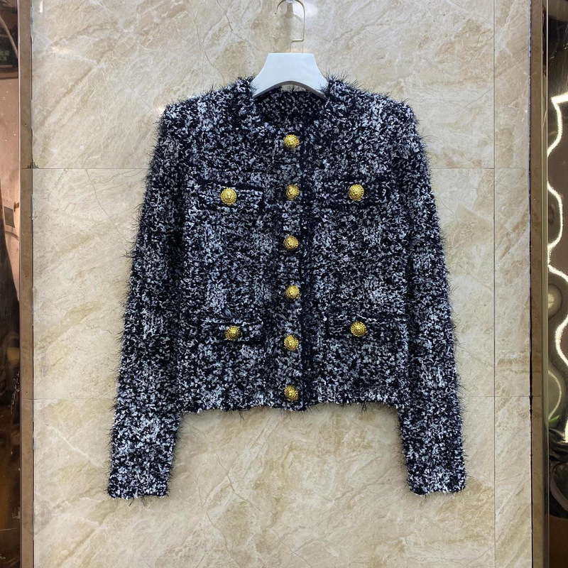 26 Spring New Style High-Quality Retro Black and White Yarn Tweed Long-Sleeve Gold Button Elegant Knit Cardigan