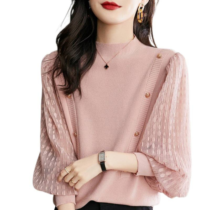 2025 otoño camiseta de punto de viento fragrante primavera y otoño suéter de fondo de cuello medio alto camiseta de manga corta de linterna