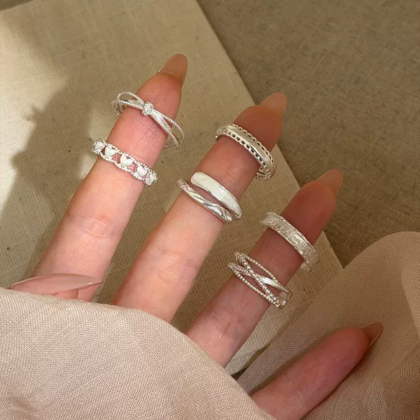 Korean-style ins-inspired hollow lace stackable rings for women, new textured cross-thin ring combination with adjustable open design