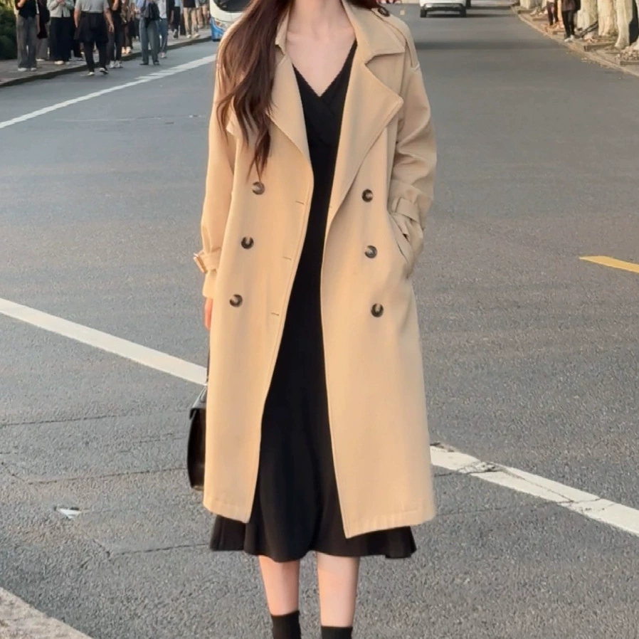 Осенний новый двубортный хаки ветровка куртка женская средняя и длинная английское повседневное пальто