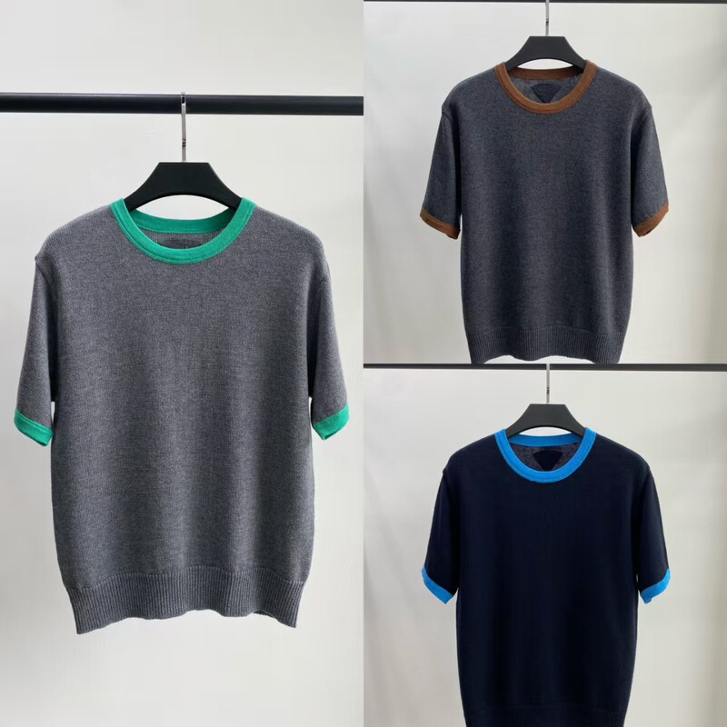 High-End New Style Solid Color Knitted Short-Sleeve Round Neck Color-Blocked Shirt for Women, with a Unique Design and High-Quality Finish