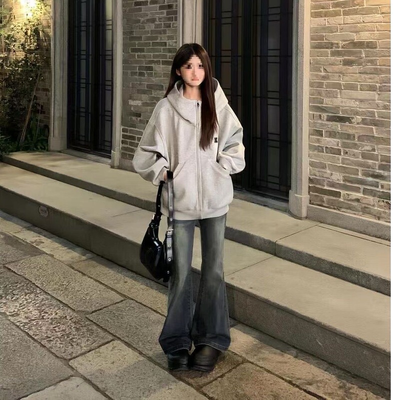 【仿华棉复合】设计感高街灰色连帽高领开衫卫衣女宽松气质百搭外|undefined