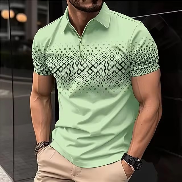 3D数码印花拉链男士休闲男装拉链 Polo 男时尚日常衬衫跨境新款