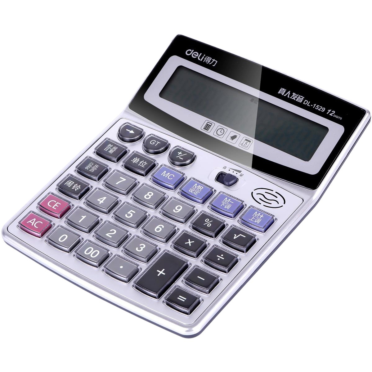 Deli deli1529 Calculadora de voz de cristal botón grande computadora de 12 bits de pantalla grande con batería