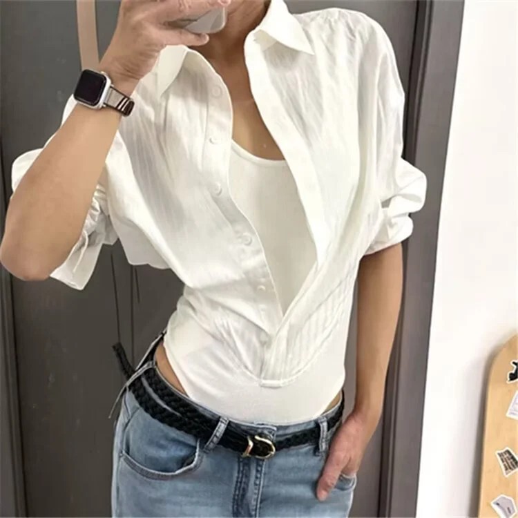 辣妹感法式衬衣衬衫女纯欲风秋季修身设计假两件连体衣小众露腰|undefined