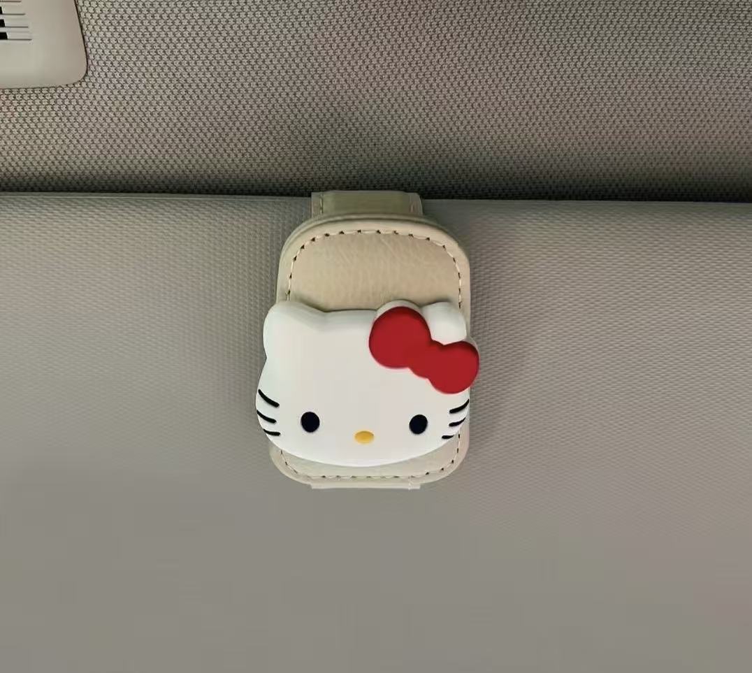 Cute Kt Cat Car Sunglasses Holder, Multifunctional Sun Visor Storage for Sunglasses, Cards, and Cute Receipt Clip