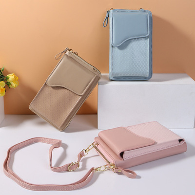 新款女士斜跨单肩手机包长款时尚多功能PU手机小包竖款蛇纹零钱包