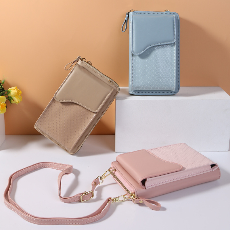 新款女士斜跨单肩手机包长款时尚多功能PU手机小包竖款蛇纹零钱包