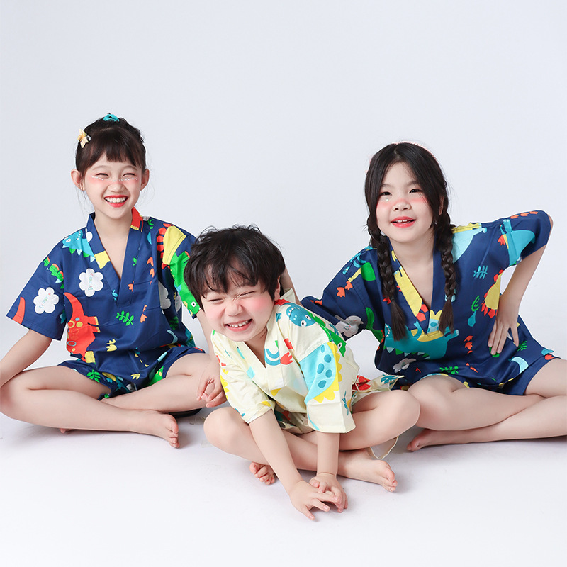 2023 New Children's Cartoon Dinosaur Summer Home Clothes Pajamas Short Suit Bath Clothes Sweat Clothes Girls Boys
