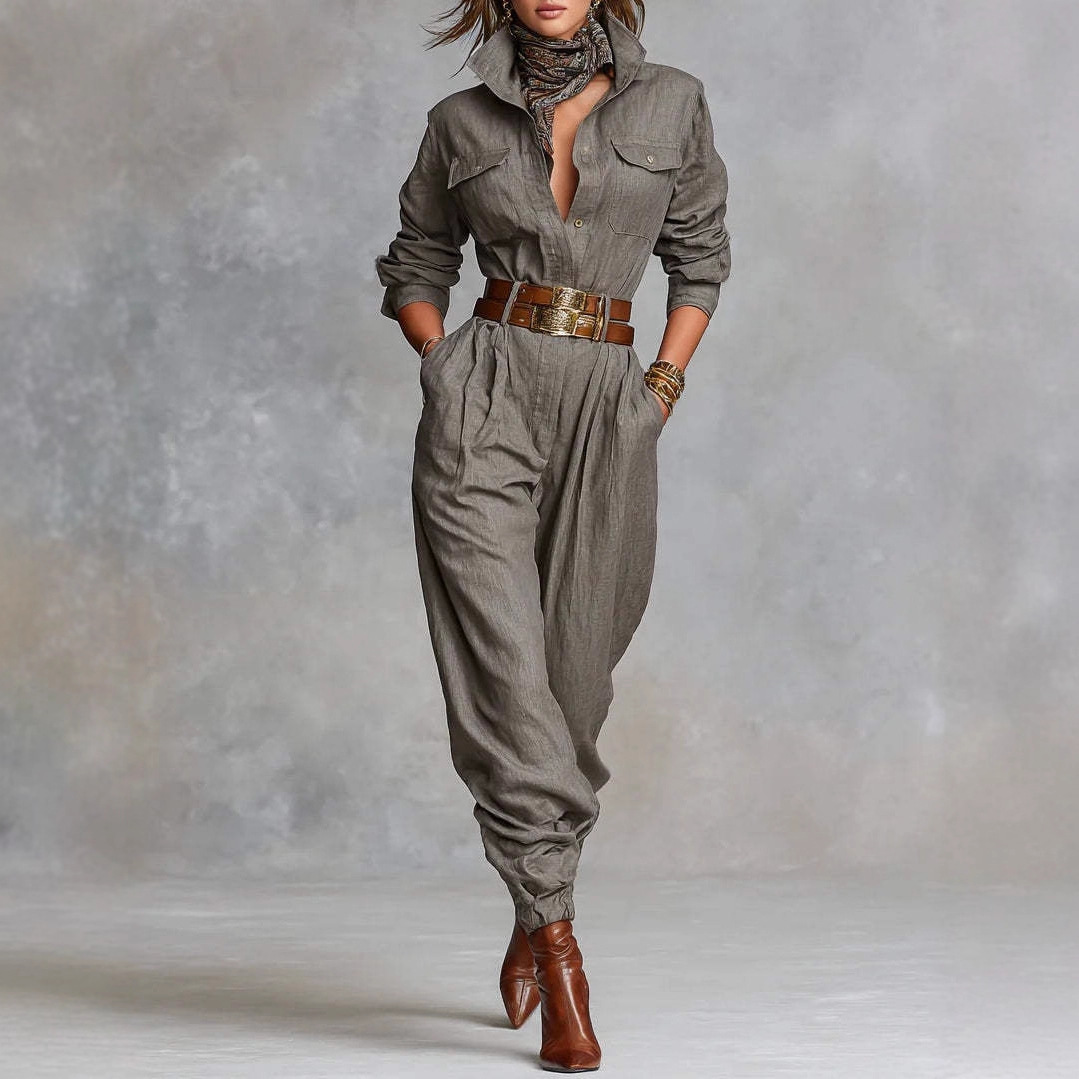 Tuta donna elegante con colletto a camicia e maniche lunghe_voghion.com