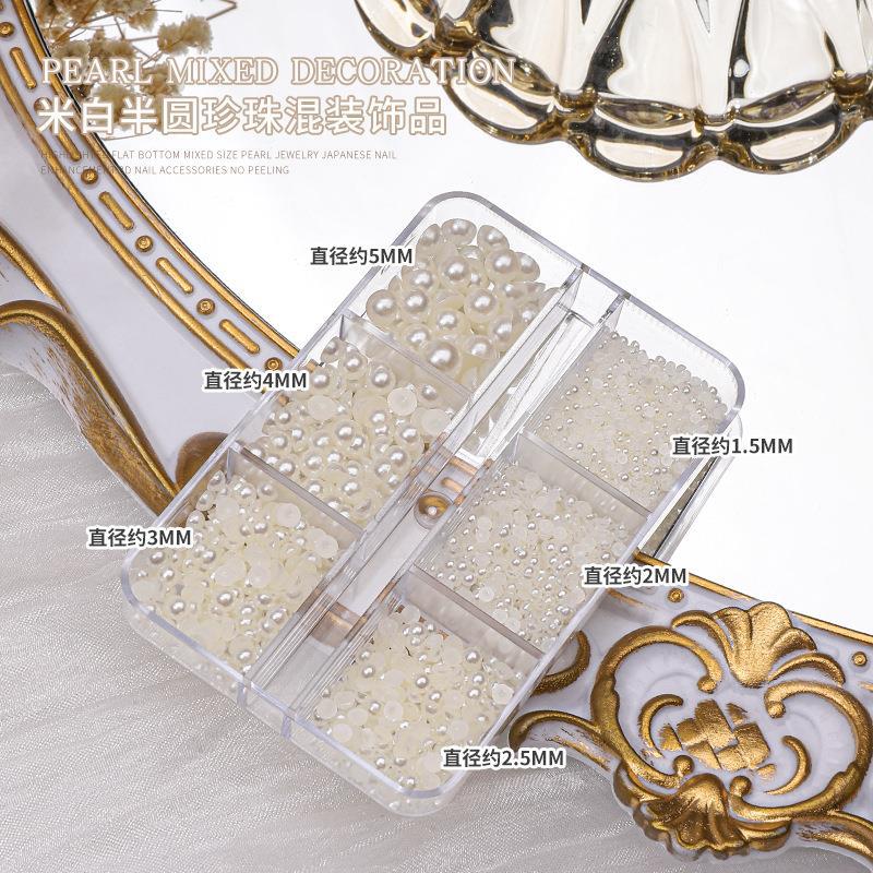 Joyería de uñas perla mixta semicírculo plano beige 12 rejilla en caja tamaño destacado redondo accesorios de uñas material