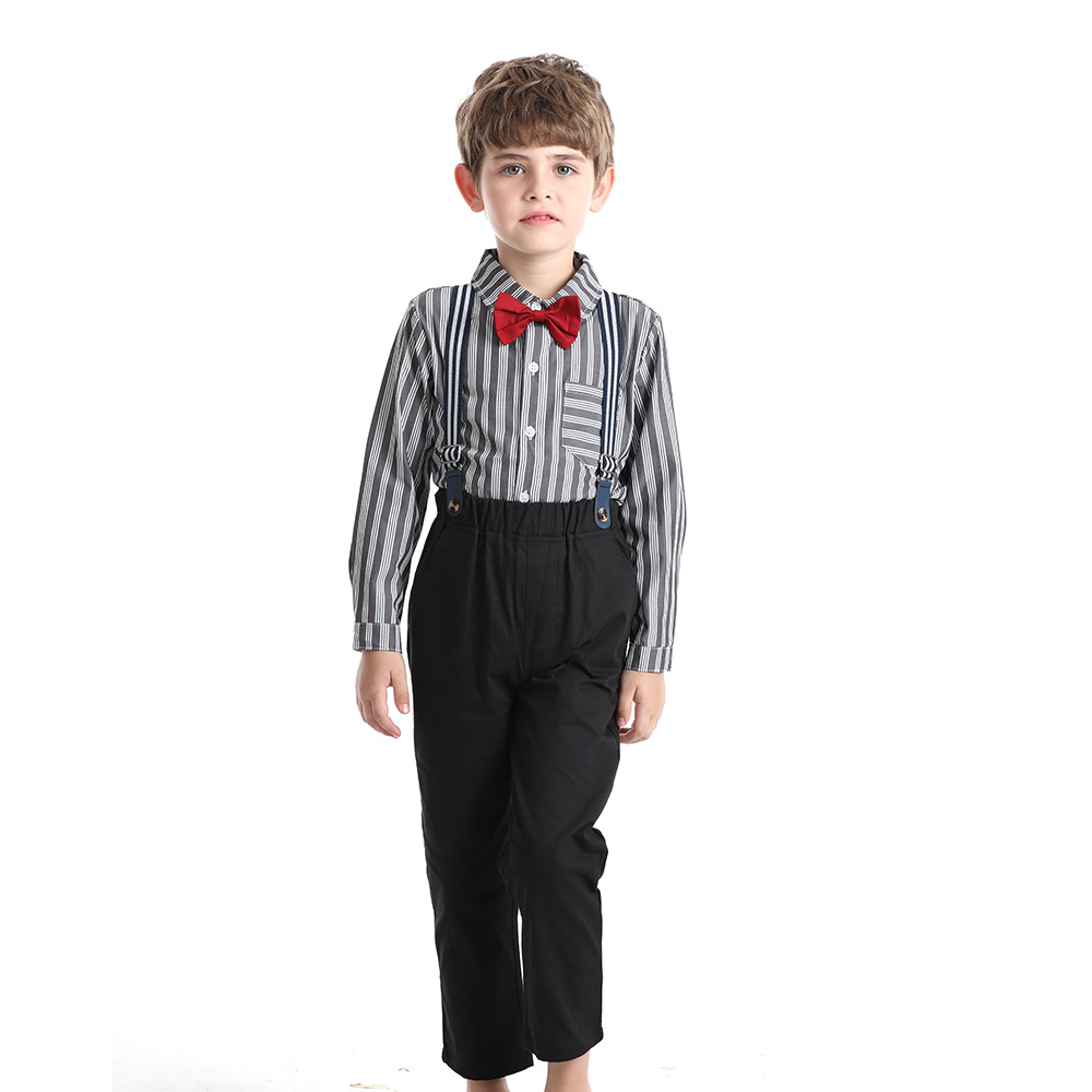 Abito autunnale da ragazzo Pantaloni con cinturino a camicia a righe inglesi per bambini alla moda belli della scuola media_voghion.com