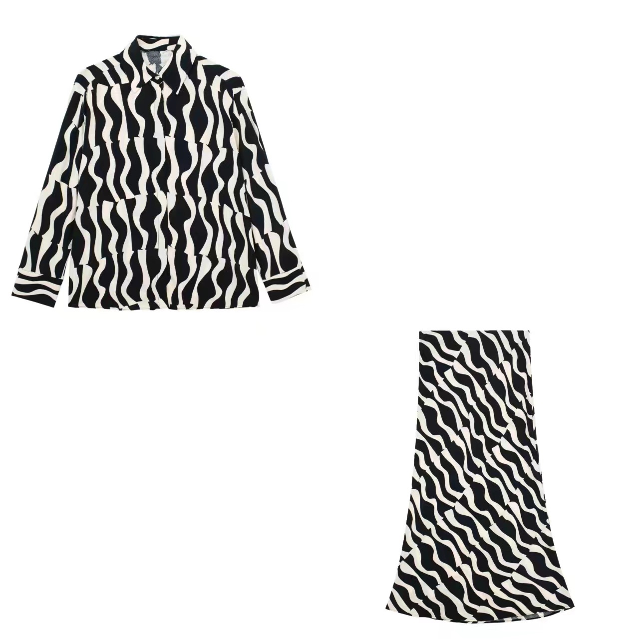 ZR moteriškas 2024 m. pavasario komplektas su raštuota palaidine ir vidutinio ilgio sijonu_voghion.com