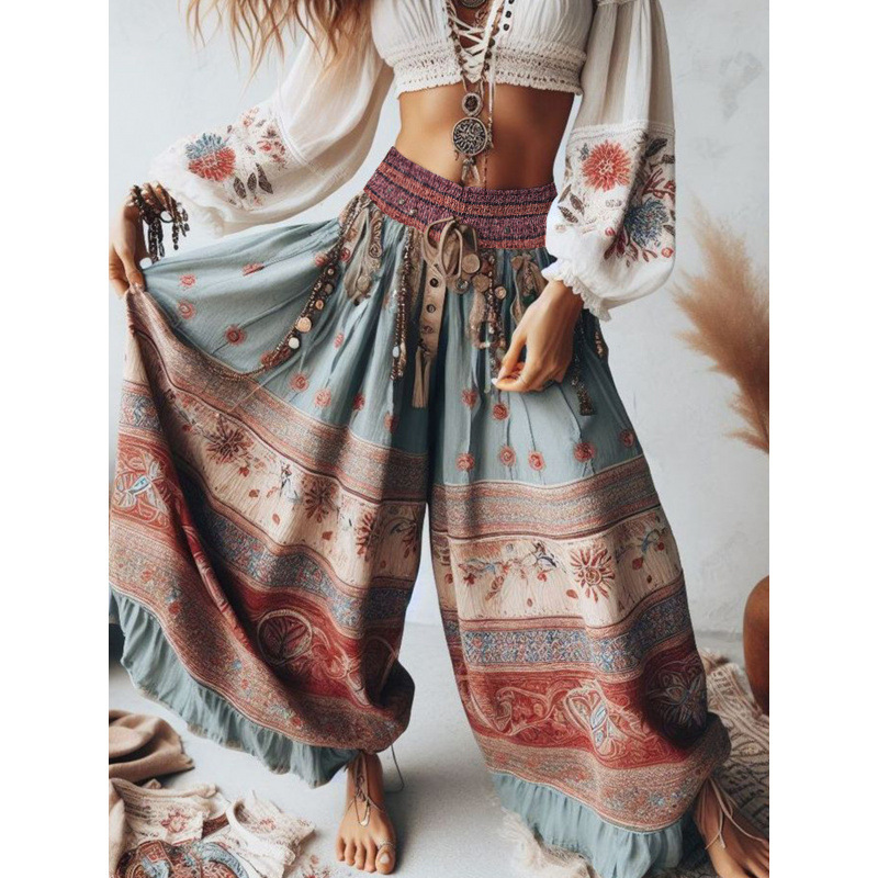 European and American Cross-Border Fashion Casual Pants Bohemian Style Patchwork High Waist New Women's Pants Wide Leg Pants