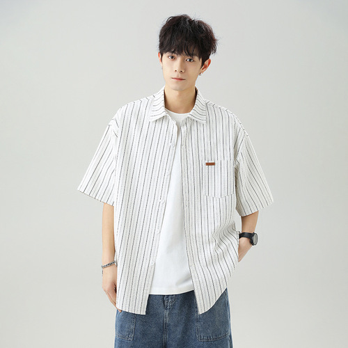 Texture feeling slightly wrinkled, color-blocking stripes short-sleeve shirt, summer Japanese-style loose casual turnover collar shirt jacket q