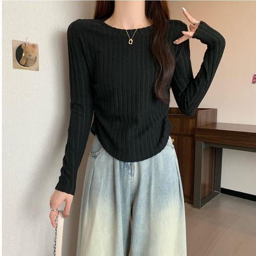 Languid Style Long-Sleeve T-Shirt, Inner Wear for a Slimming and Elegant Look, Pleated Design, Cinched Waist for a Slimming and Concealing Effect, Base Layer Top for a Trendy Look