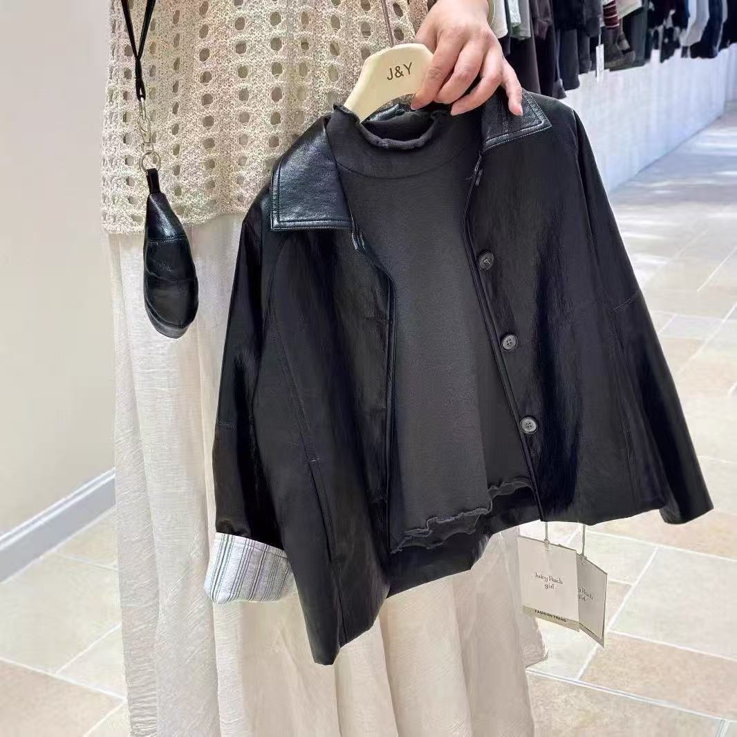 Chaqueta de cuero negro de otoño para niños coreanos, chaqueta simple de color sólido para niños y niñas, chaqueta de moda suelta