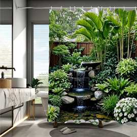 花园瀑布景观浴帘   涤纶可机洗四季皆宜包括挂钩适合浴室装饰