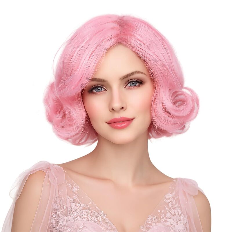 Cross-border European and American style 80s retro fashion high-end pink women's wavy short curly hair Halloween performance wig Cross-border European and American style 80s retro fashion high-end pink women's wavy short curly hair Halloween performance wig
