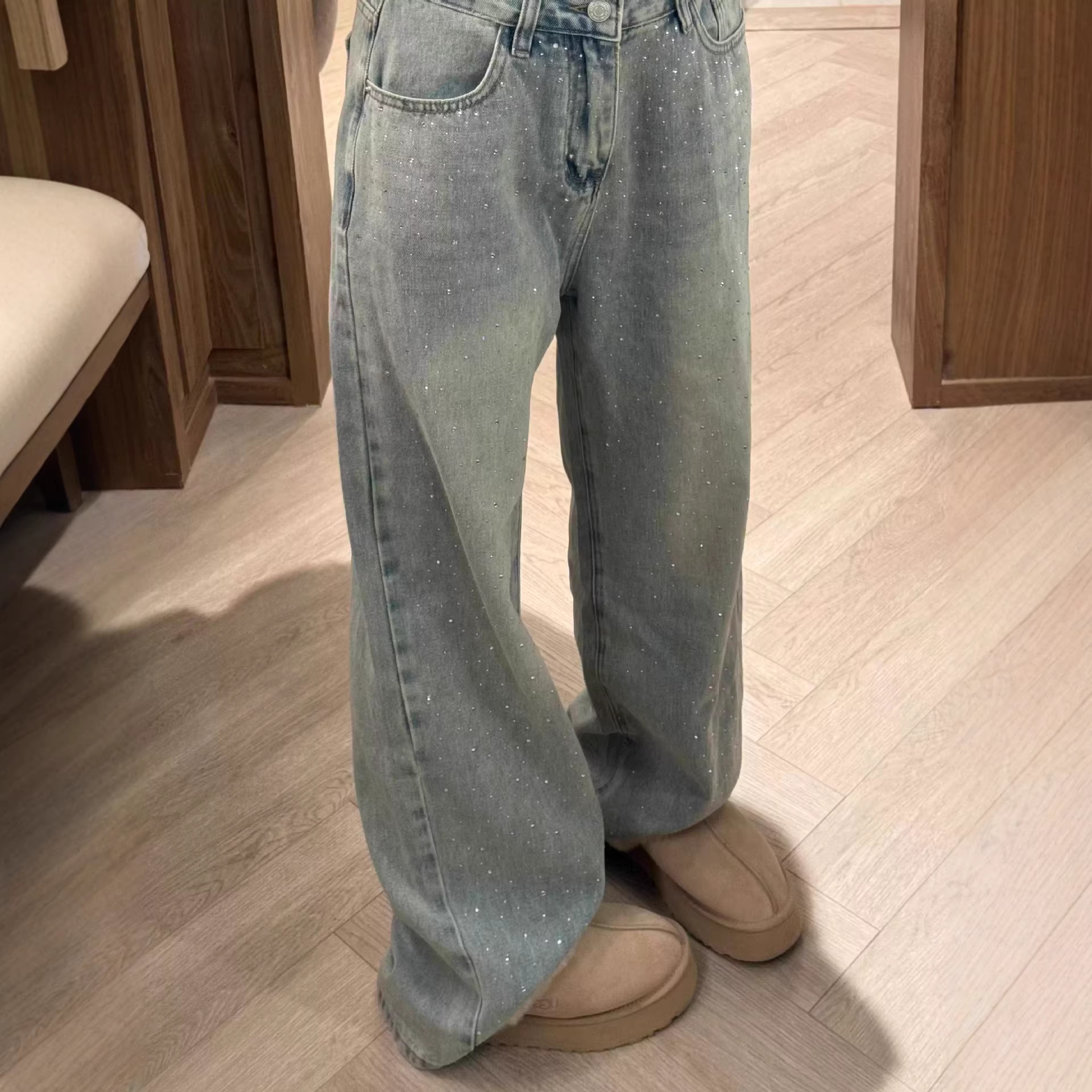 Trendy Rhinestone Wide-Leg Jeans For Women – High Waist Flared Trousers With Glitter Details, Winter Fleece-Lined & Regular (S-2xl)_voghion.com