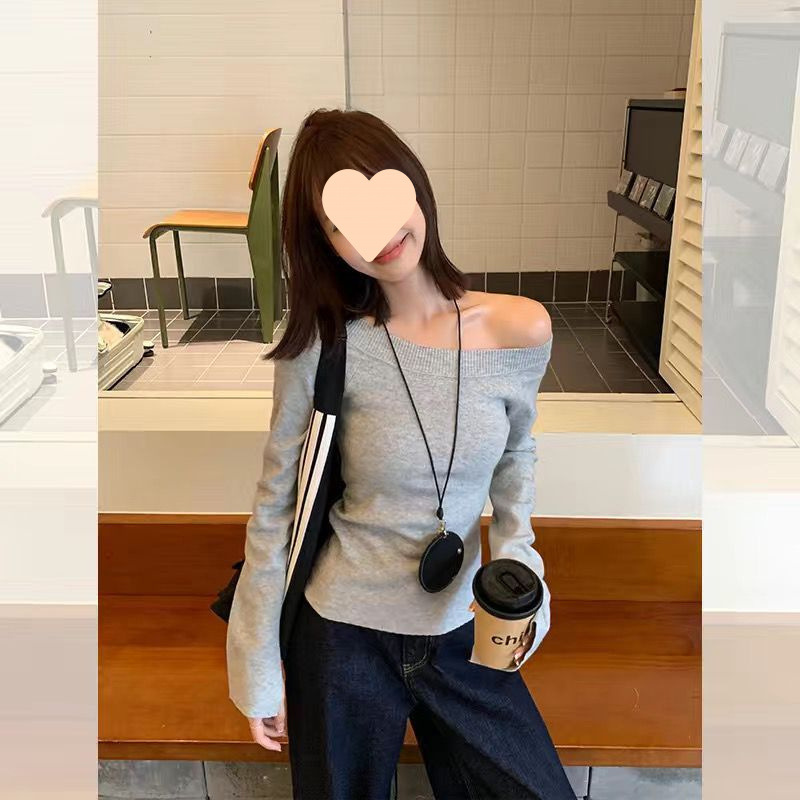 グレーオフショルダー長袖ボトムシャツ女性のための 2025 春と秋の新しいスリムフィットホットガールトップスワンラインシャツ|undefined