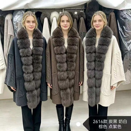 2026 New European Style Fur Fox Fur Collar Knitted Patchwork Women's Mid-Length Fashionable Warm Loose Woolen Coat 2026 New European Style Fur Fox Fur Collar Knitted Patchwork Women's Mid-Length Fashionable Warm Loose Woolen Coat