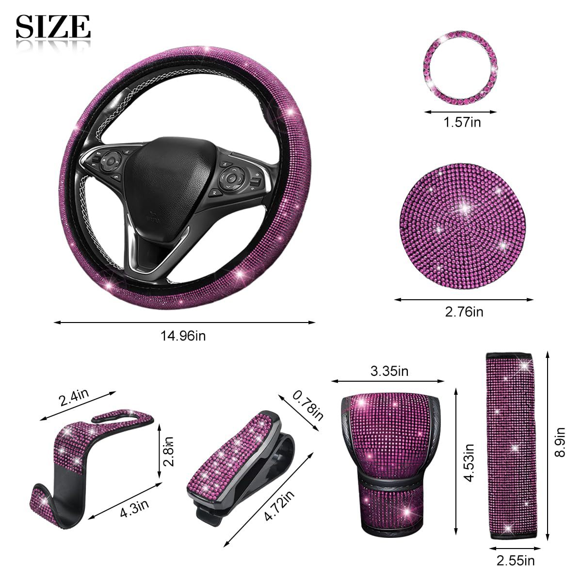 11-Piece Car Interior Set with Diamond-Encrusted Steering Wheel Cover, Car Hook, Glasses Holder, One-Touch Start Ring