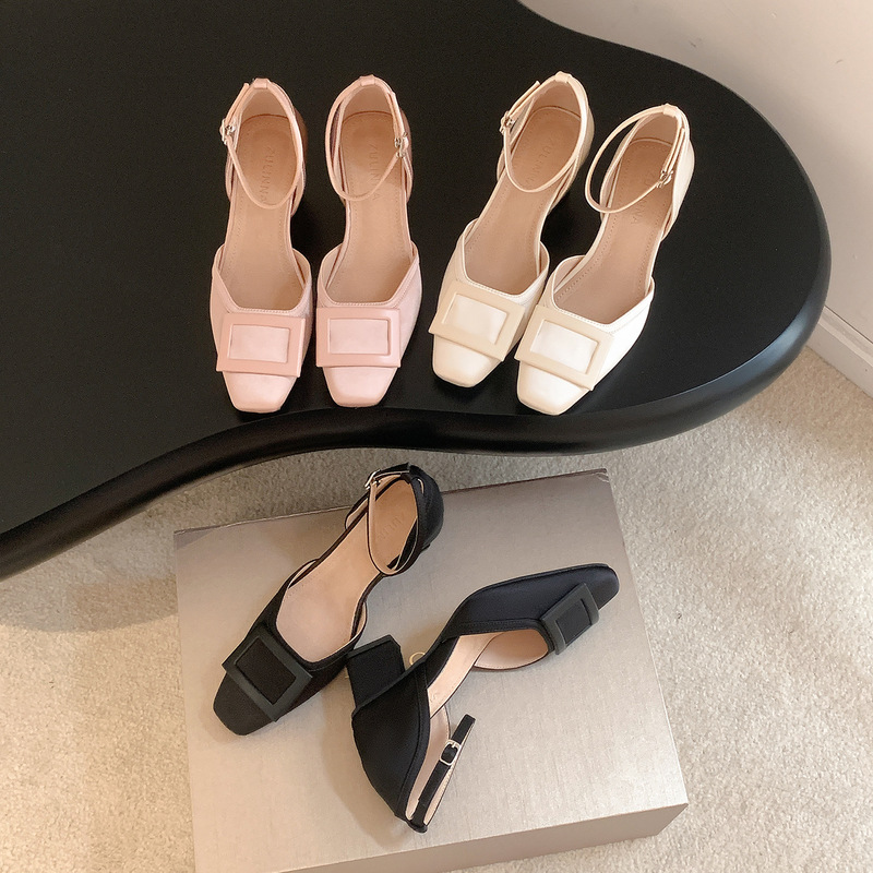 Inner Height-Increasing Satin French-Style Square Buckle Hollow Sandals for Women, Summer 2026 New Model, Chunky Heel Single Shoes, French-Style Small Sandals