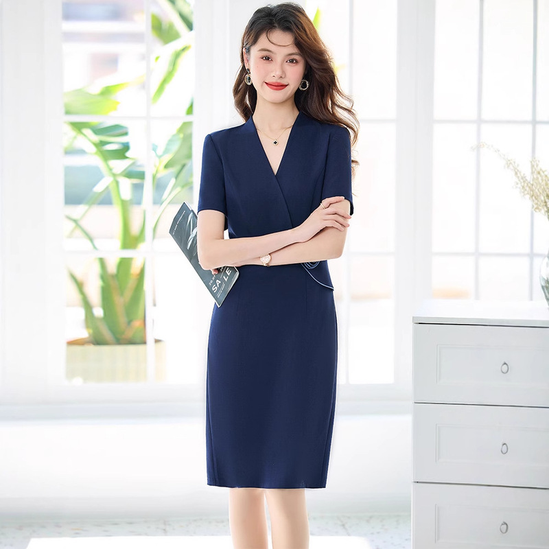Professional dress Women's Summer Thin Short-sleeved V-neck Sales Front Desk Stewardess Uniform Jewelry Shop Beauty Salon Work Clothes