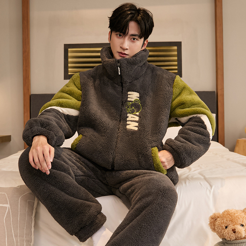 Autumn and Winter New Teen Men's Pajamas Coral Fleece Thickened Cartoon Stand Collar Zipper Flannel Home Wear Set