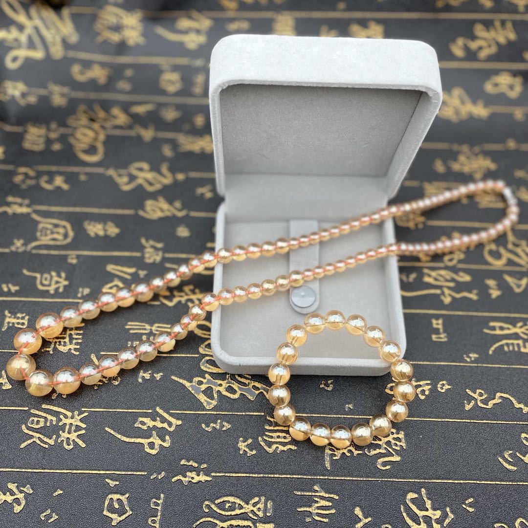 热卖香槟金玻璃珠项链 仿琥珀晶不掉色防刀刮水晶项链套装小礼品