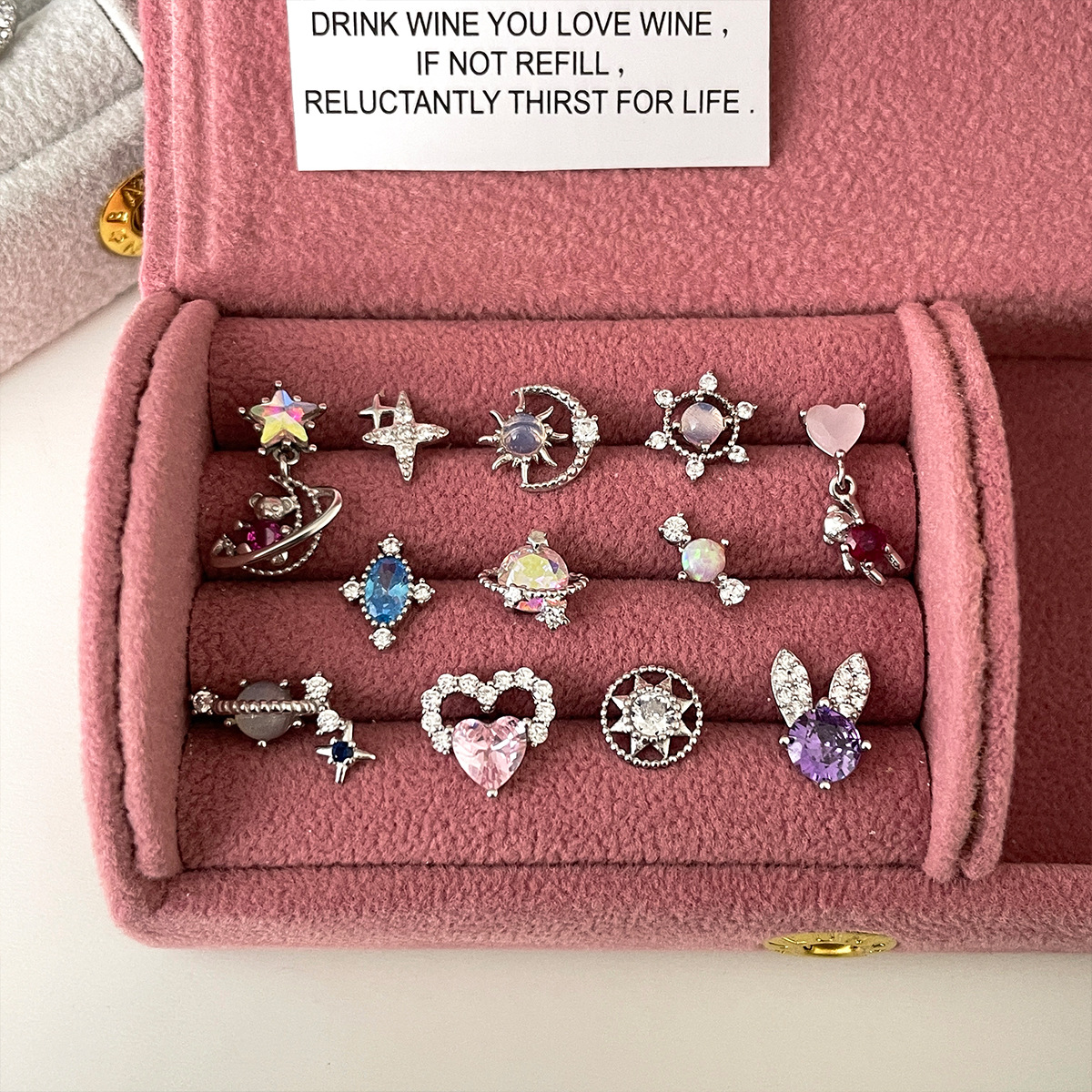 愛心星球耳釘女s925銀高級感粉色鋯石小眾耳骨釘可疊戴甜酷辣妹風