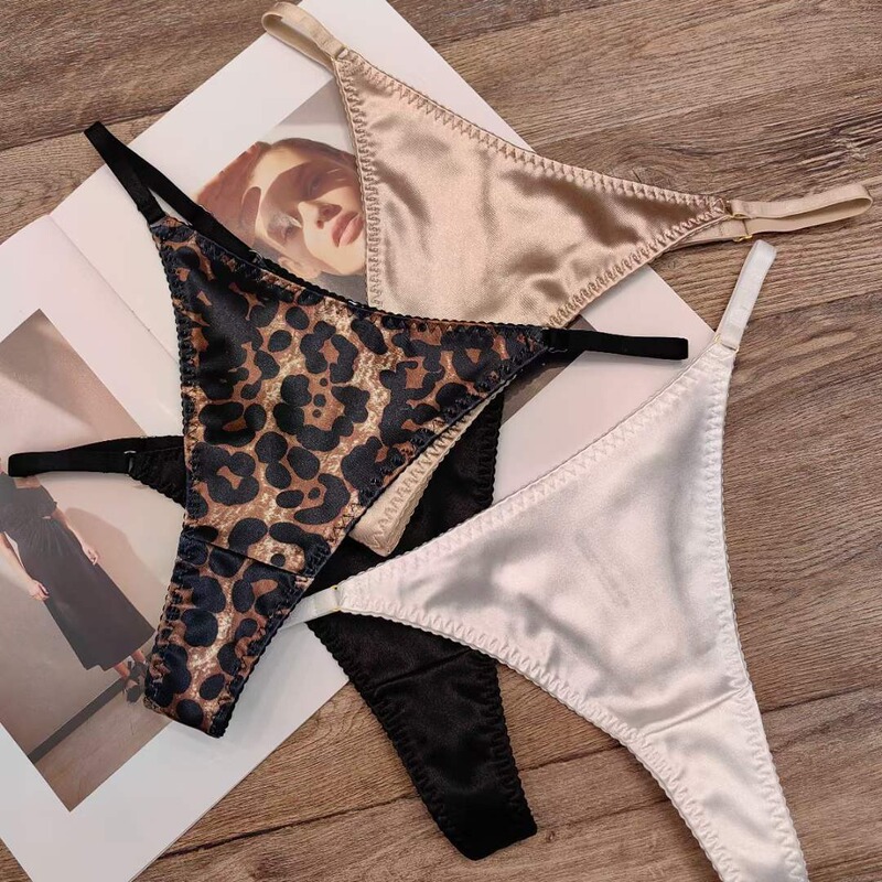 Women's thong sexy leopard print satin seamless underwear cotton crotch breathable low waist underwear underpants cross border